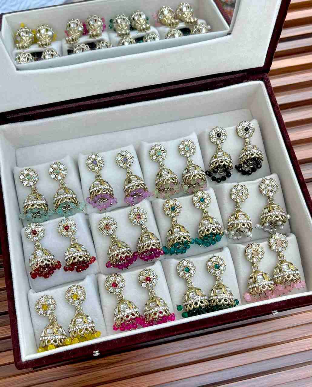Beautiful Premium Quality 12 Pairs Different Colour Small Jhumka Mirror Box….